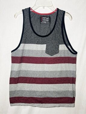 American Crusader Men’s Striped Pocket Tank Top Gray Red M